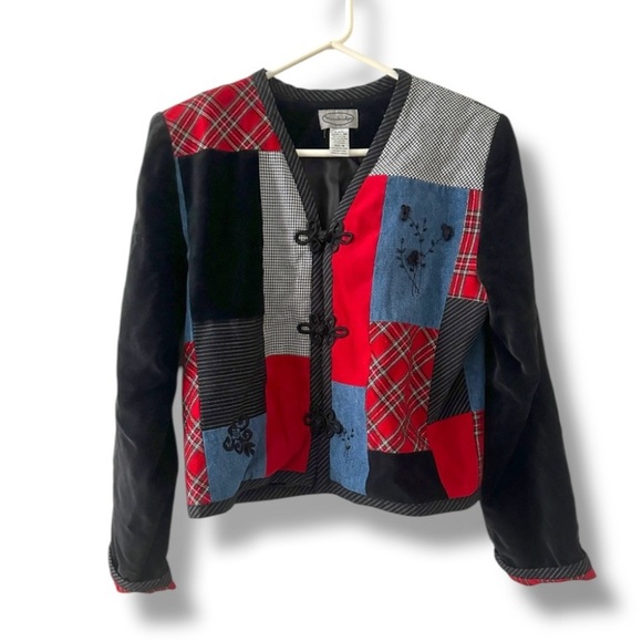 Vintage 90s Stonebridge Patchwork Velvet Jacket Women’s Size Medium Embroidered - Picture 1 of 16